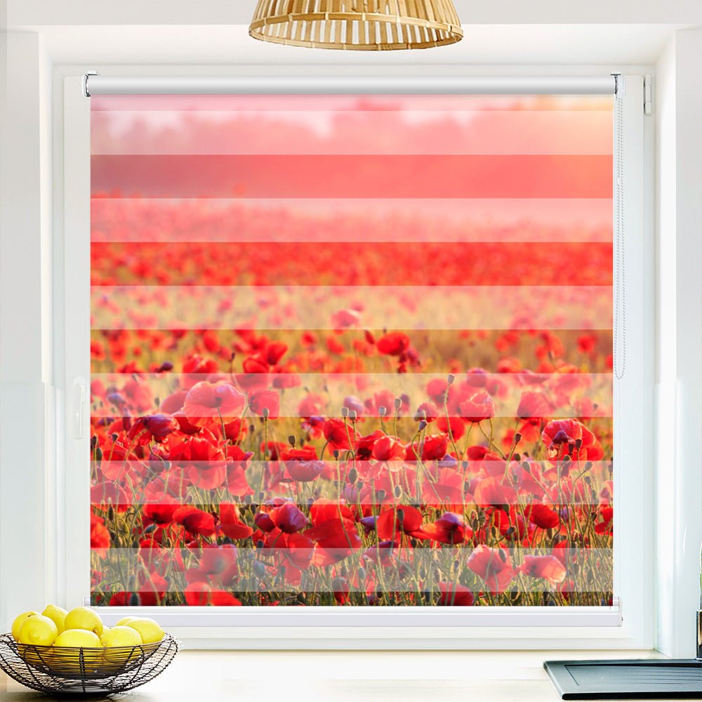 Klemm Doppelrollo "Roter Mohn Sonnenaufgang" - ohne Bohren - Klemmfix - bis 150 cm Breite - Duo Rollo Fotodruck - La-Melle