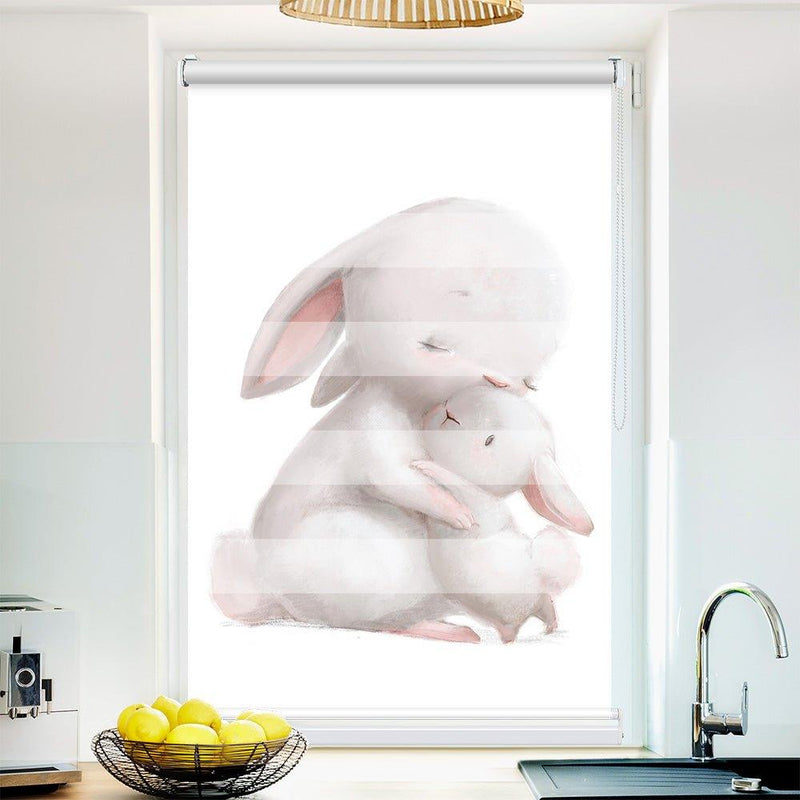 Klemm Doppelrollo "Hase kuscheln" - ohne Bohren - Klemmfix - bis 150 cm Breite - Duo Rollo Fotodruck - La-Melle