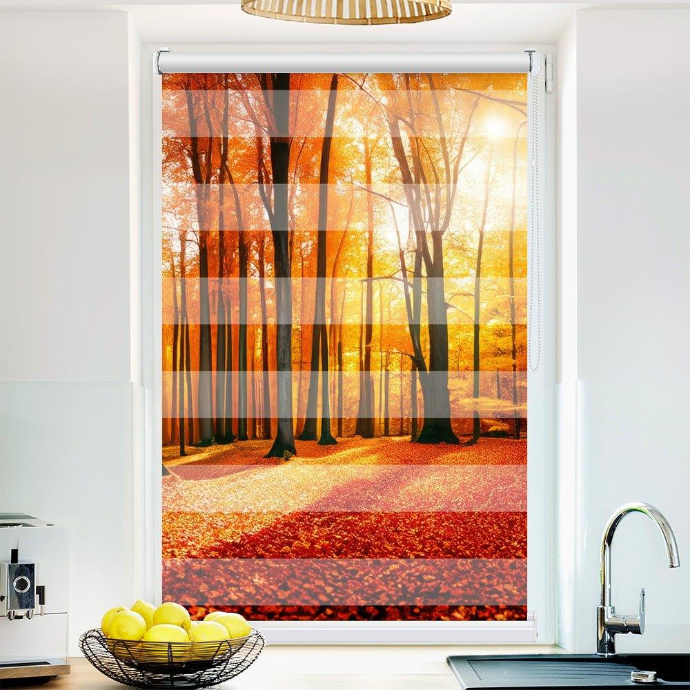 Klemm Doppelrollo "Herbst Wald Sonne" - ohne Bohren - Klemmfix - bis 150 cm Breite - Duo Rollo Fotodruck - La-Melle