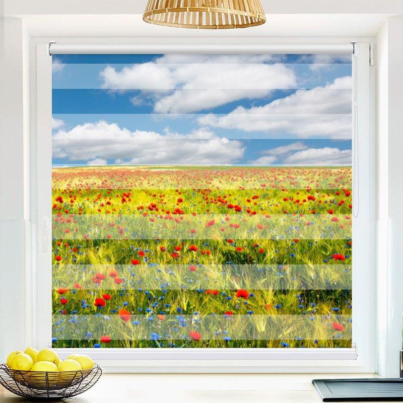 Klemm Doppelrollo "Kornfeld Mohnblumen" - ohne Bohren - Klemmfix - bis 150 cm Breite - Duo Rollo Fotodruck - La-Melle