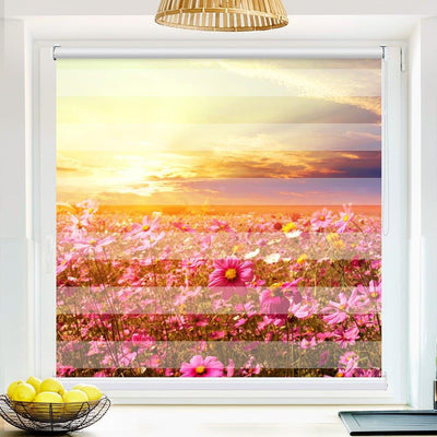 Klemm Doppelrollo Blumenwiese Sonnenuntergang - ohne Bohren - Klemmfix - bis 150 cm Breite - Duo Rollo Fotodruck - La-Melle