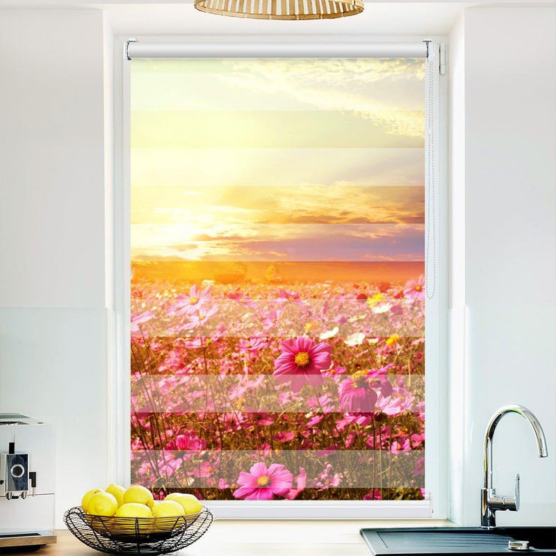 Klemm Doppelrollo "Blumenwiese Sonnenuntergang" - ohne Bohren - Klemmfix - bis 150 cm Breite - Duo Rollo Fotodruck - La-Melle