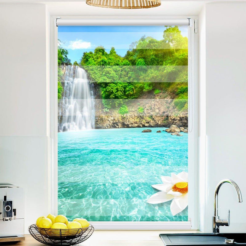 Klemm Doppelrollo "Lotusblume Wasserfall" - ohne Bohren - Klemmfix - bis 150 cm Breite - Duo Rollo Fotodruck - La-Melle