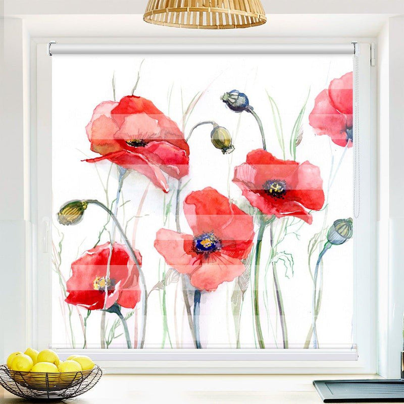 Klemm Doppelrollo "Mohnblumen gemalt" - ohne Bohren - Klemmfix - bis 150 cm Breite - Duo Rollo Fotodruck - La-Melle