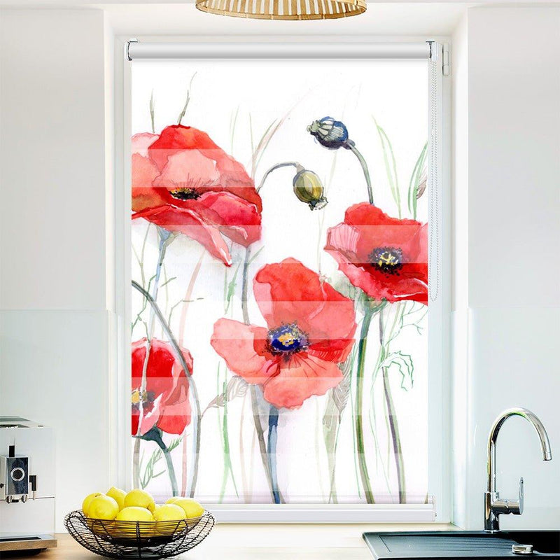 Klemm Doppelrollo "Mohnblumen gemalt" - ohne Bohren - Klemmfix - bis 150 cm Breite - Duo Rollo Fotodruck - La-Melle