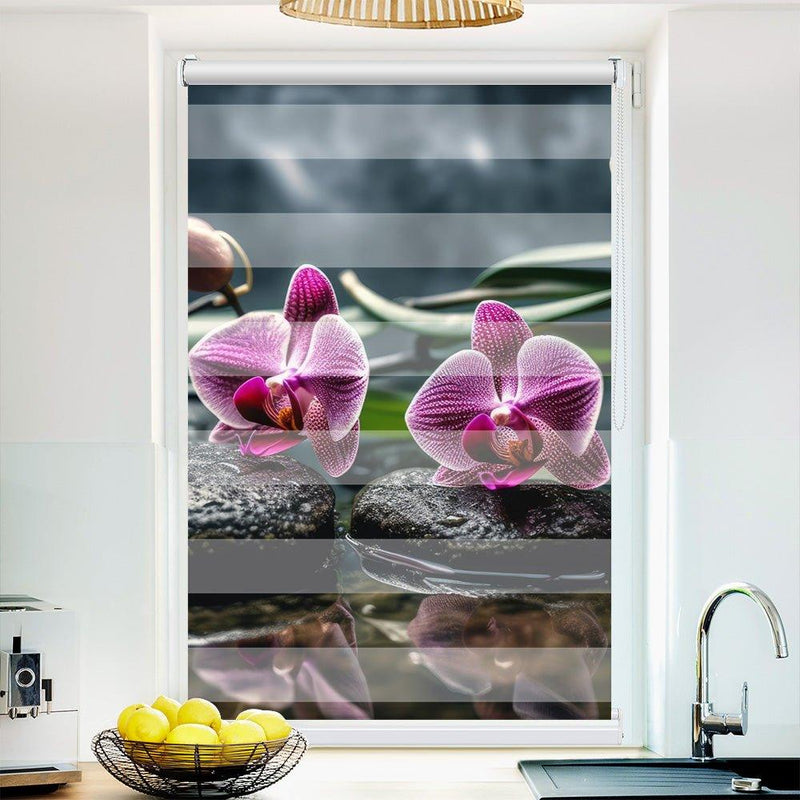 Klemm Doppelrollo "Orchi Pink Steine Wasser" - ohne Bohren - Klemmfix - bis 150 cm Breite - Duo Rollo Fotodruck - La-Melle