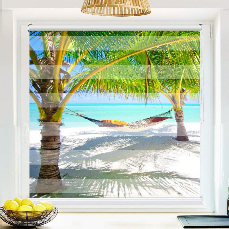 Klemm Doppelrollo "Hängematte Strand" - ohne Bohren - Klemmfix - bis 150 cm Breite - Duo Rollo Fotodruck - La-Melle