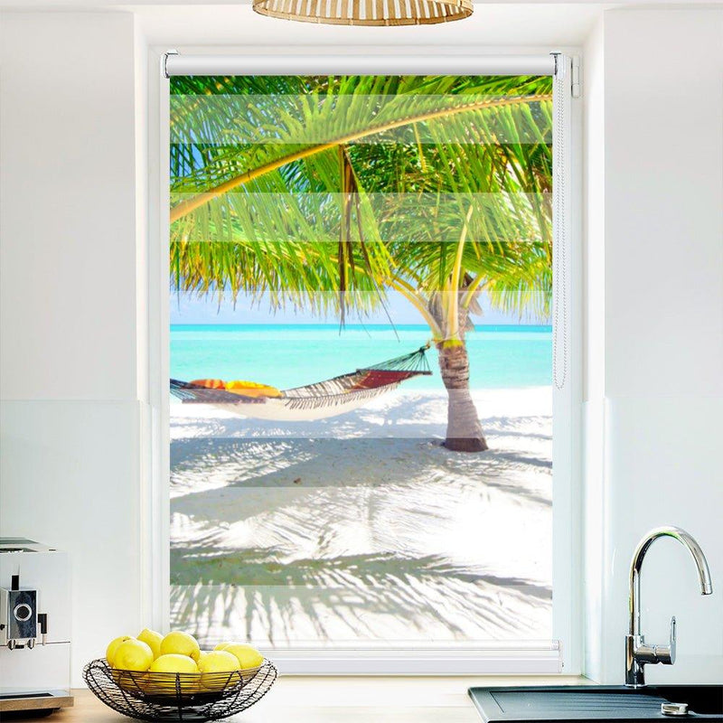 Klemm Doppelrollo "Hängematte Strand" - ohne Bohren - Klemmfix - bis 150 cm Breite - Duo Rollo Fotodruck - La-Melle