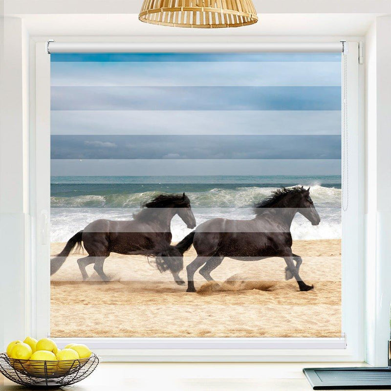 Klemm Doppelrollo "Pferde Strand" - ohne Bohren - Klemmfix - bis 150 cm Breite - Duo Rollo Fotodruck - La-Melle