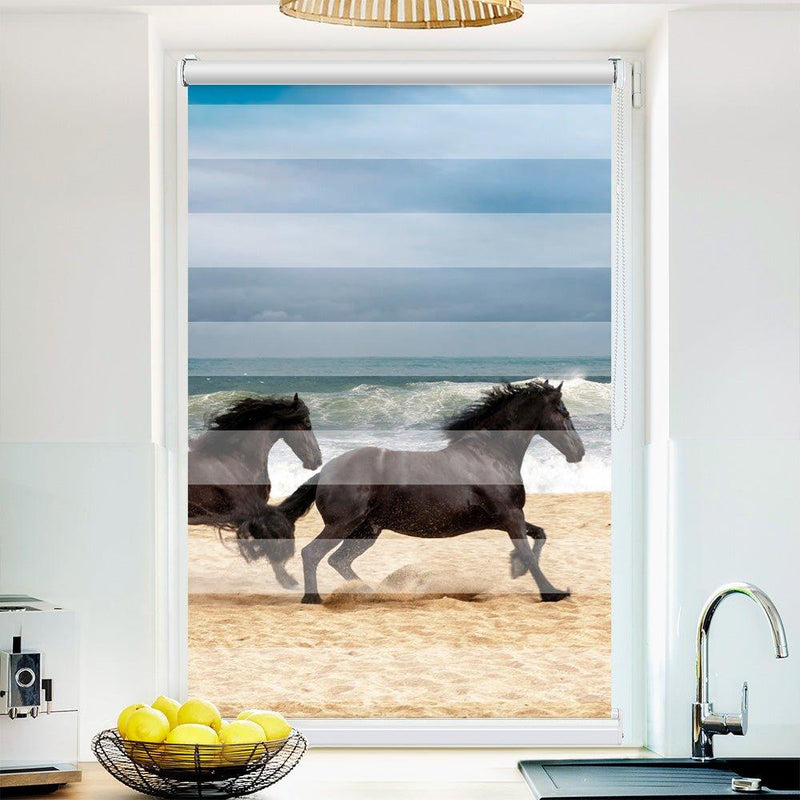 Klemm Doppelrollo "Pferde Strand" - ohne Bohren - Klemmfix - bis 150 cm Breite - Duo Rollo Fotodruck - La-Melle