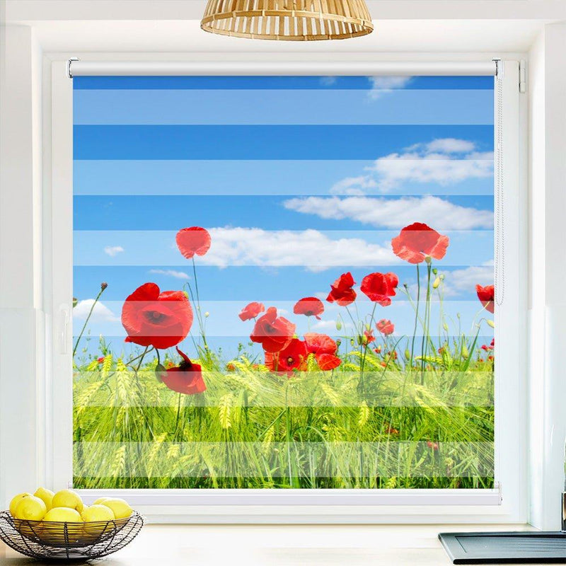 Klemm Doppelrollo "Mohnblumenfeld" - ohne Bohren - Klemmfix - bis 150 cm Breite - Duo Rollo Fotodruck - La-Melle