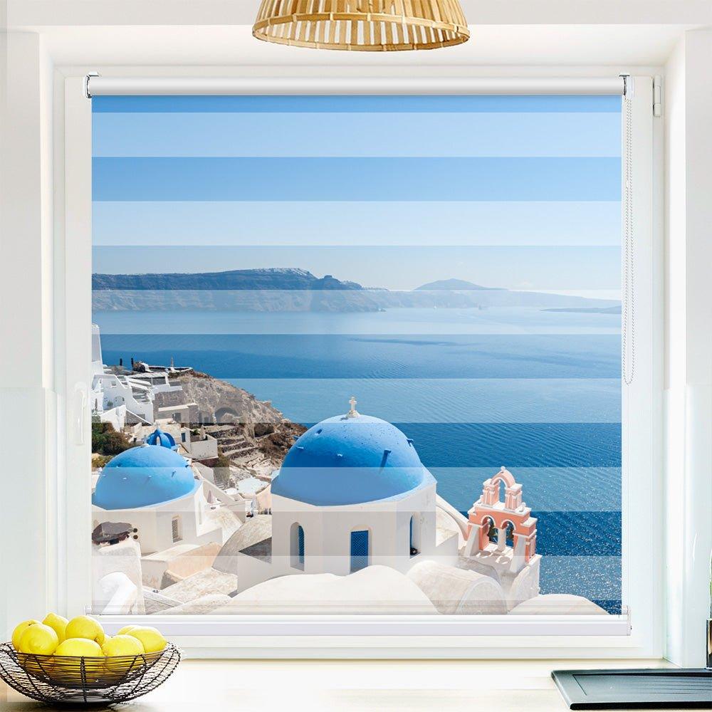 Klemm Doppelrollo "Santorini Insel" - ohne Bohren - Klemmfix - bis 150 cm Breite - Duo Rollo Fotodruck - La-Melle