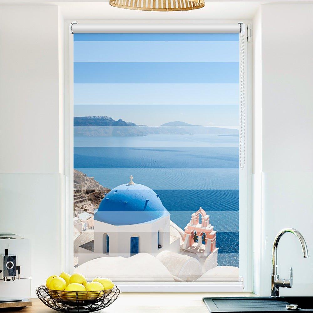 Klemm Doppelrollo "Santorini Insel" - ohne Bohren - Klemmfix - bis 150 cm Breite - Duo Rollo Fotodruck - La-Melle