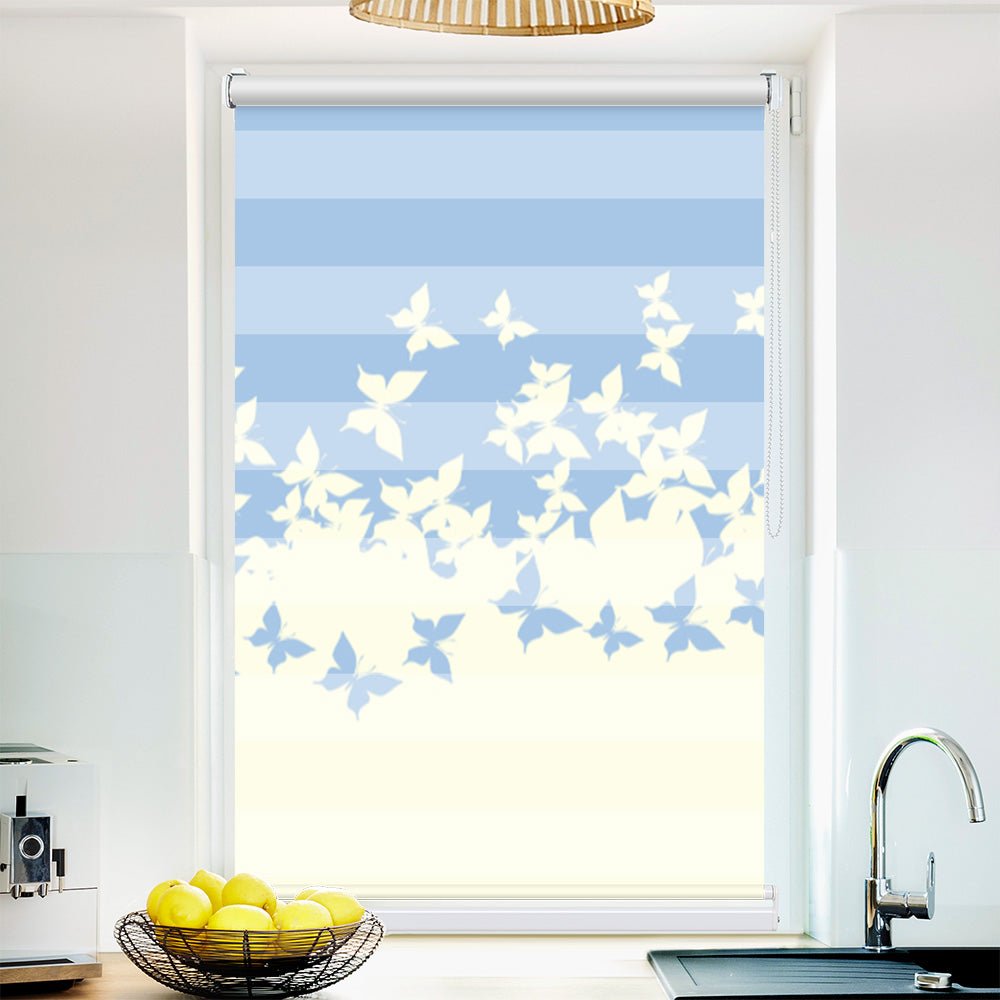 Klemm Doppelrollo "Schmetterlinge blau weiss" - ohne Bohren - Klemmfix - bis 150 cm Breite - Duo Rollo Fotodruck - La-Melle