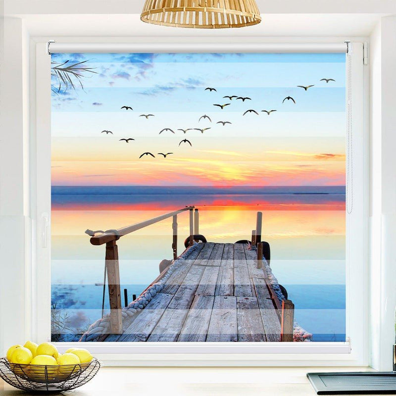 Klemm Doppelrollo "Sonnenuntergang See Steg" - ohne Bohren - Klemmfix - bis 150 cm Breite - Duo Rollo Fotodruck - La-Melle