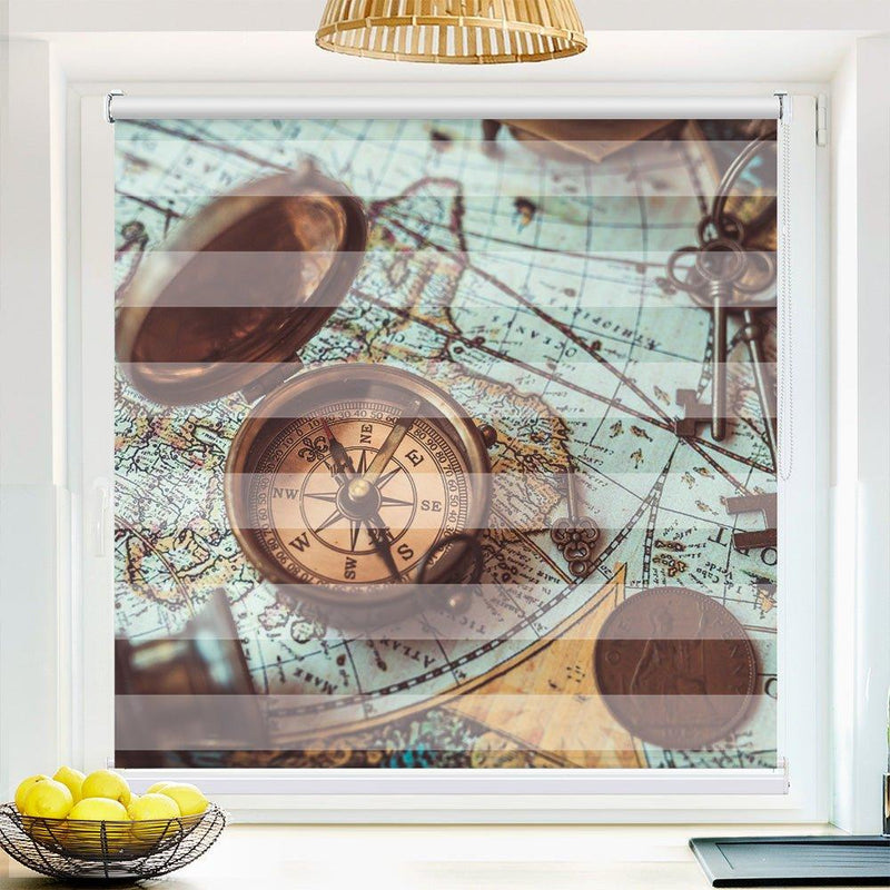 Klemm Doppelrollo "Kompass vintage" - ohne Bohren - Klemmfix - bis 150 cm Breite - Duo Rollo Fotodruck - La-Melle