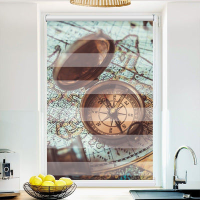 Klemm Doppelrollo Kompass vintage - ohne Bohren - Klemmfix - bis 150 cm Breite - Duo Rollo Fotodruck - La-Melle