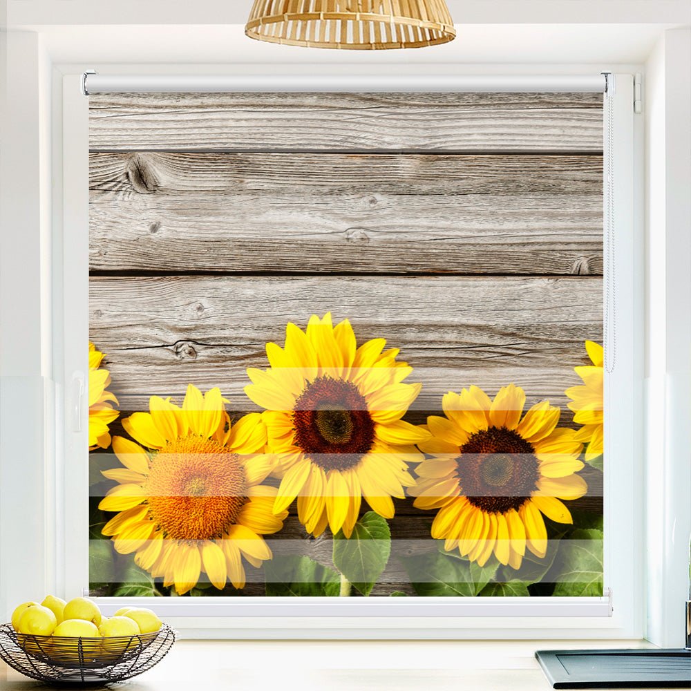 Klemm Doppelrollo "Sonnenblumen Holzwand" - ohne Bohren - Klemmfix - bis 150 cm Breite - Duo Rollo Fotodruck - La-Melle