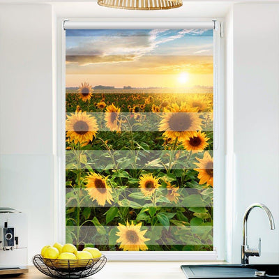 Klemm Doppelrollo Sonnenblumen Sonnenuntergang - ohne Bohren - Klemmfix - bis 150 cm Breite - Duo Rollo Fotodruck - La-Melle