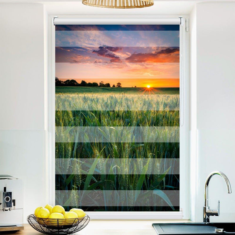 Klemm Doppelrollo "Feld Sonnenuntergang" - ohne Bohren - Klemmfix - bis 150 cm Breite - Duo Rollo Fotodruck - La-Melle