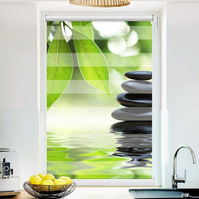 Klemm Doppelrollo "Stein Blätter Wasser" - ohne Bohren - Klemmfix - bis 150 cm Breite - Duo Rollo Fotodruck - La-Melle