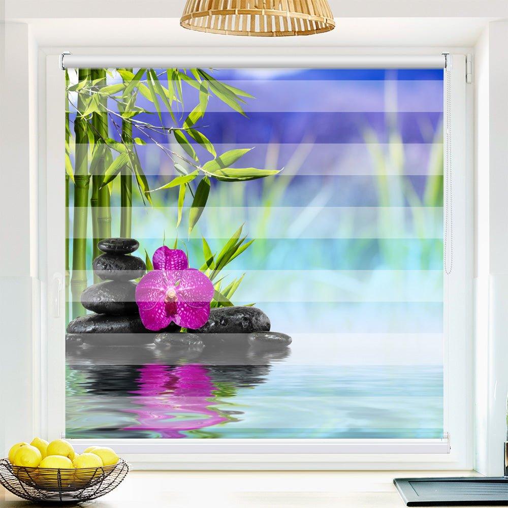 Klemm Doppelrollo "Stein Wasser Orchidee Spiegelung" - ohne Bohren - Klemmfix - bis 150 cm Breite - Duo Rollo Fotodruck - La-Melle