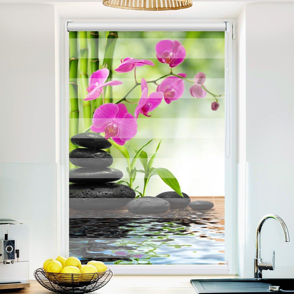 Klemm Doppelrollo "Stein Wasser Orchideenranke" - ohne Bohren - Klemmfix - bis 150 cm Breite - Duo Rollo Fotodruck - La-Melle