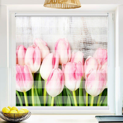 Klemm Doppelrollo Holzwand Tulpen - ohne Bohren - Klemmfix - bis 150 cm Breite - Duo Rollo Fotodruck - La-Melle