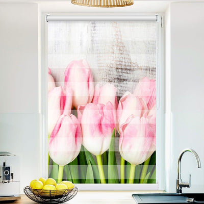 Klemm Doppelrollo Holzwand Tulpen - ohne Bohren - Klemmfix - bis 150 cm Breite - Duo Rollo Fotodruck - La-Melle