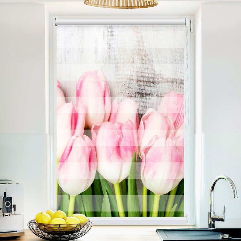 Klemm Doppelrollo "Holzwand Tulpen" - ohne Bohren - Klemmfix - bis 150 cm Breite - Duo Rollo Fotodruck - La-Melle