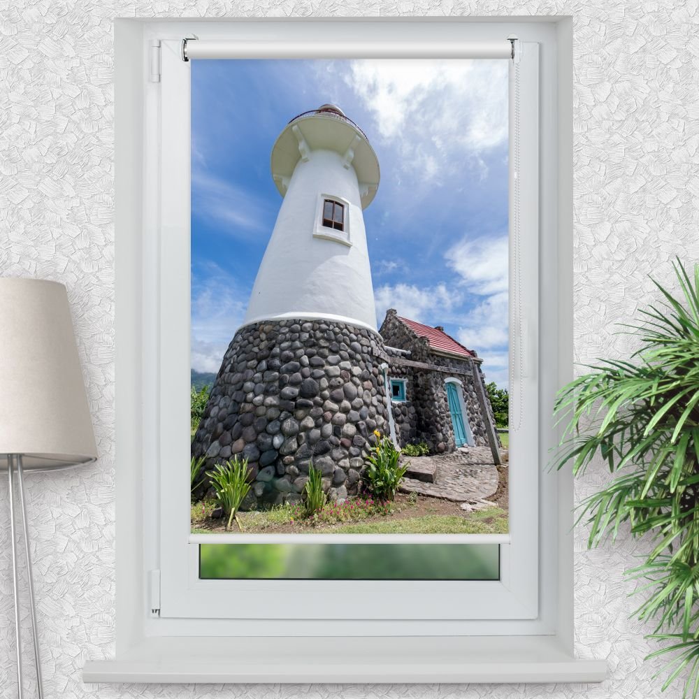 Rollo Motiv 'Leuchtturm In Basco Island' - ohne bohren - Klemmrollo bis 150 cm Breite - Klemmfix mit Fotodruck - blickdicht - La-Melle