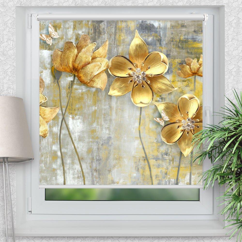 Rollo Motiv "Blumen gold" - ohne bohren - Klemmrollo bis 150 cm Breite - Klemmfix mit Fotodruck - blickdicht - La-Melle