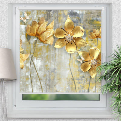 Rollo Motiv Blumen gold - ohne bohren - Klemmrollo bis 150 cm Breite - Klemmfix mit Fotodruck - blickdicht - La-Melle