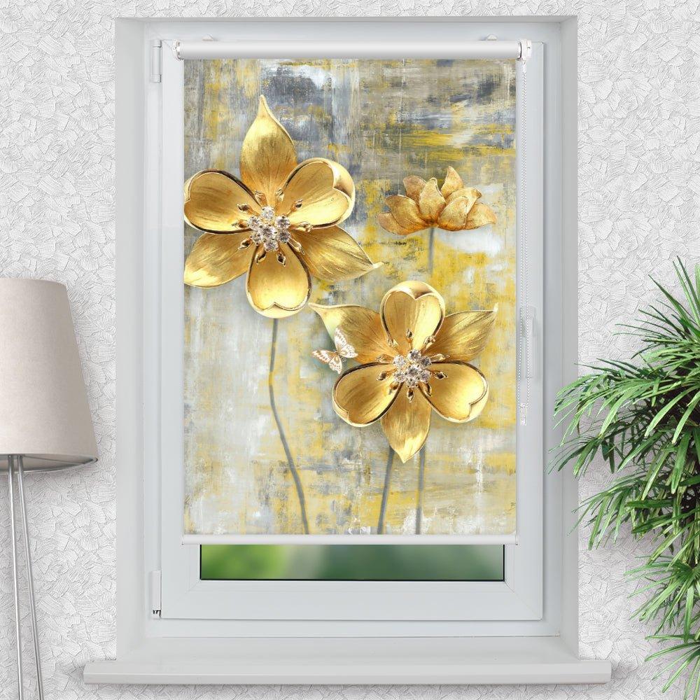 Rollo Motiv "Blumen gold" - ohne bohren - Klemmrollo bis 150 cm Breite - Klemmfix mit Fotodruck - blickdicht - La-Melle