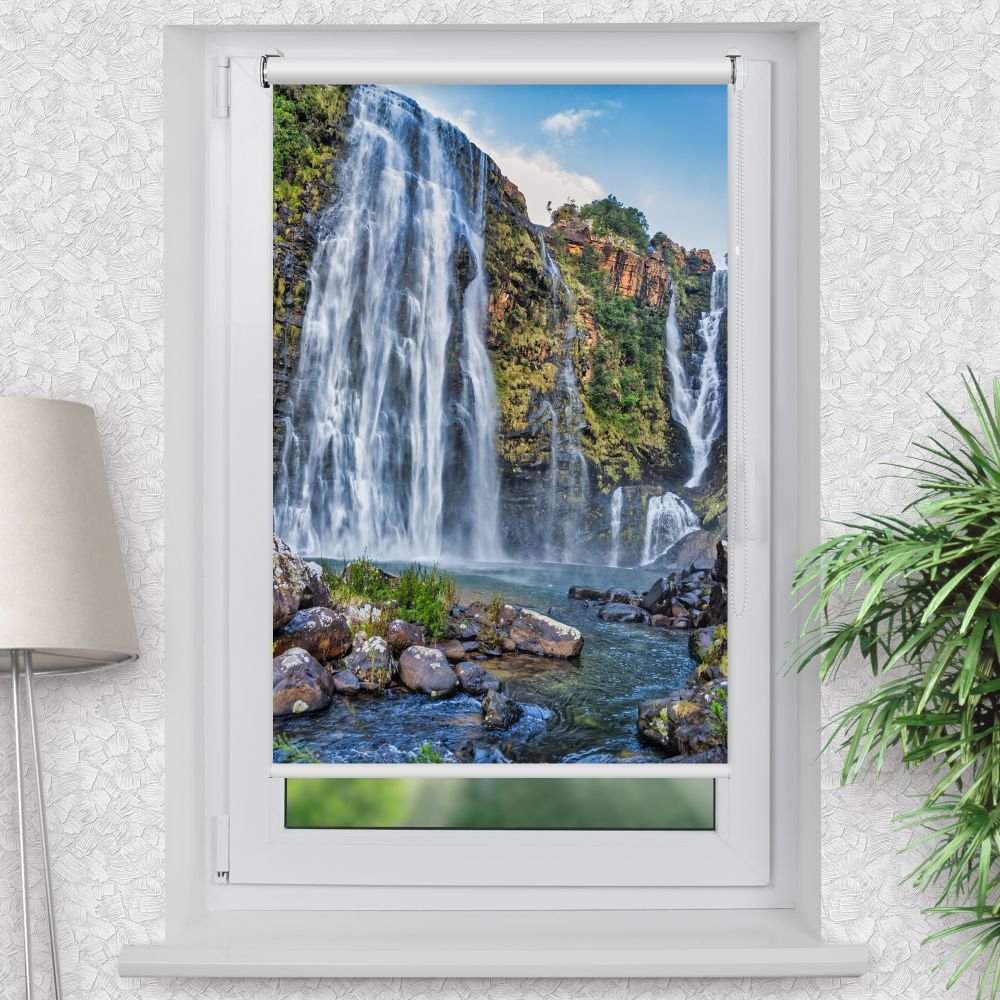 Rollo Motiv 'Wasserfall Suedafrika' - ohne bohren - Klemmrollo bis 150 cm Breite - Klemmfix mit Fotodruck - blickdicht - La-Melle
