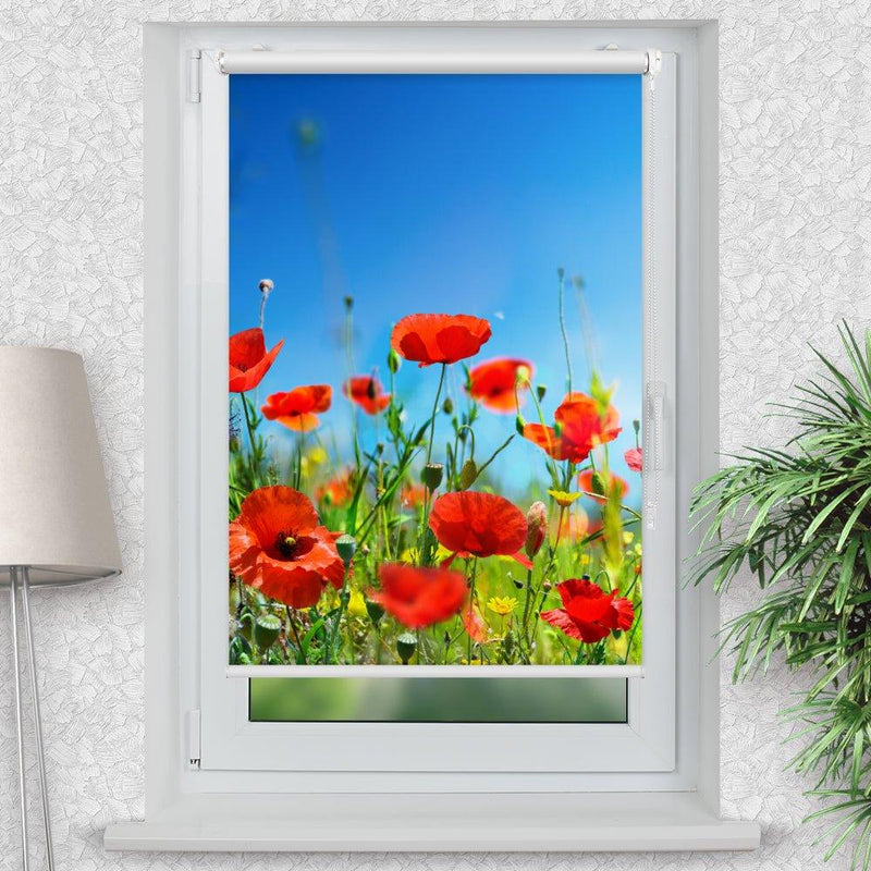 Rollo Motiv "Mohnfeld Blumenwiese" - ohne bohren - Klemmrollo bis 150 cm Breite - Klemmfix mit Fotodruck - blickdicht - La-Melle