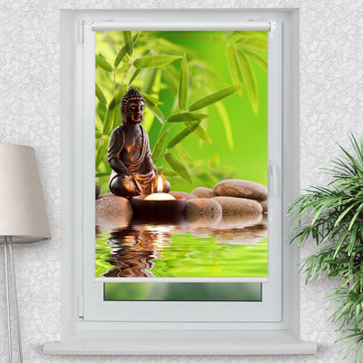 Rollo Motiv Buddha Steine Kerze - ohne bohren - Klemmrollo bis 150 cm Breite - Klemmfix mit Fotodruck - blickdicht - La-Melle