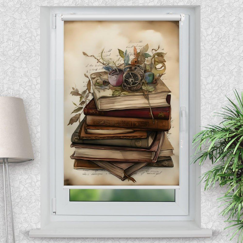 Rollo Motiv "Bücher Stapel" - ohne bohren - Klemmrollo bis 150 cm Breite - Klemmfix mit Fotodruck - blickdicht - La-Melle