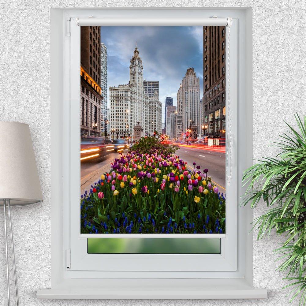 Rollo Motiv "Chicago Tulpen" - ohne bohren - Klemmrollo bis 150 cm Breite - Klemmfix mit Fotodruck - blickdicht - La-Melle