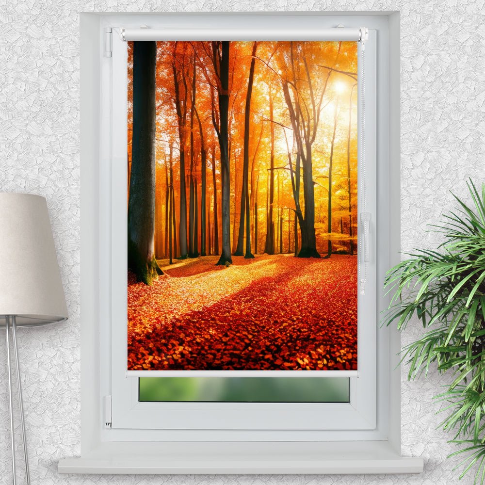 Rollo Motiv "Herbst Wald Sonne" - ohne bohren - Klemmrollo bis 150 cm Breite - Klemmfix mit Fotodruck - blickdicht - La-Melle