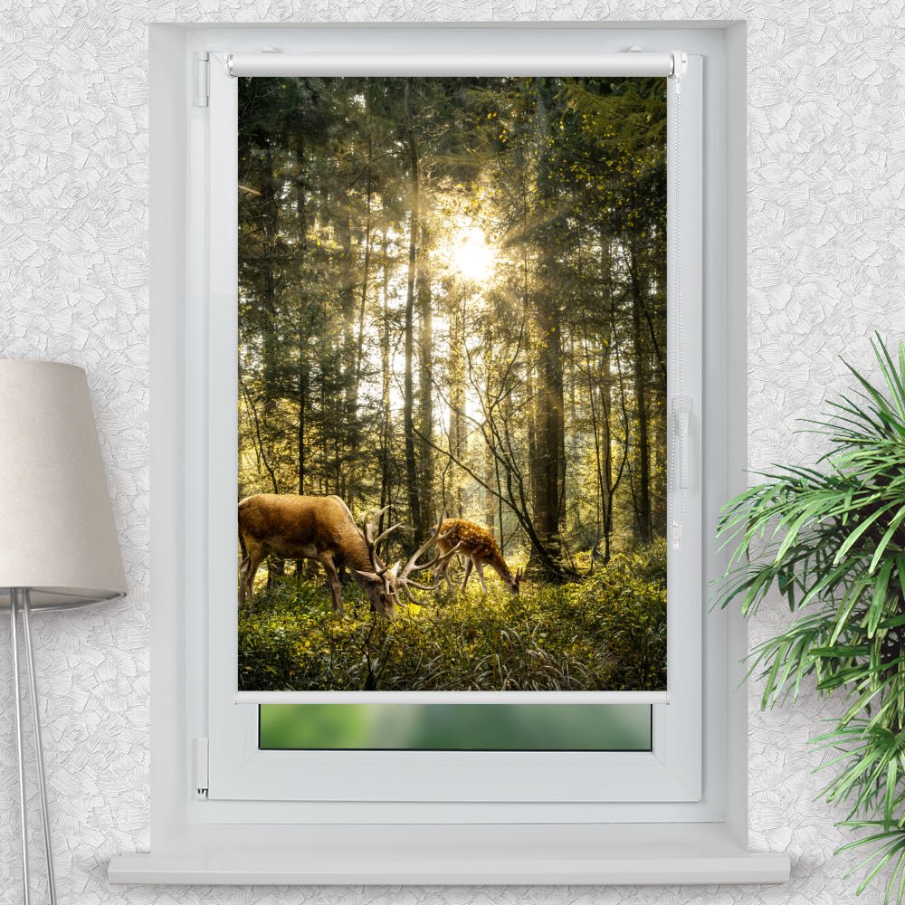 Rollo Motiv "Hirsch Reh Wald Sonnehirsch Sonne" - ohne bohren - Klemmrollo bis 150 cm Breite - Klemmfix mit Fotodruck - blickdicht - La-Melle