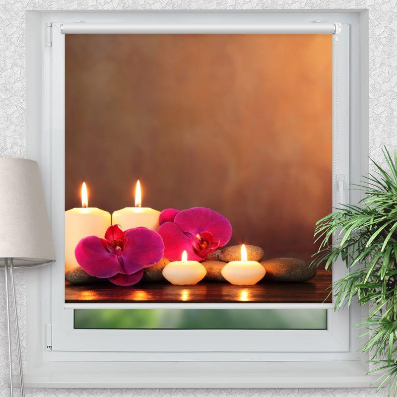 Rollo Motiv "Kerzen Orchideen Steine" - ohne bohren - Klemmrollo bis 150 cm Breite - Klemmfix mit Fotodruck - blickdicht - La-Melle