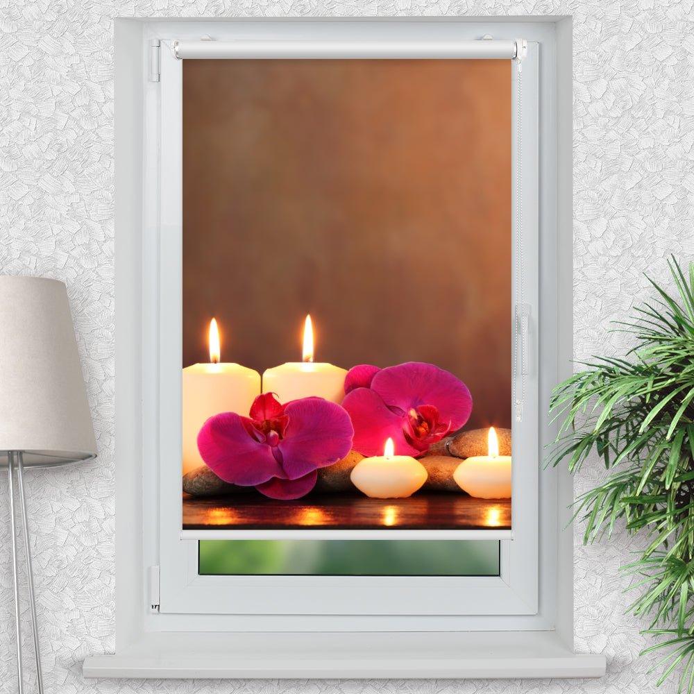 Rollo Motiv "Kerzen Orchideen Steine" - ohne bohren - Klemmrollo bis 150 cm Breite - Klemmfix mit Fotodruck - blickdicht - La-Melle