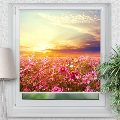 Rollo Motiv Blumenwiese Sonnenuntergang - ohne bohren - Klemmrollo bis 150 cm Breite - Klemmfix mit Fotodruck - blickdicht - La-Melle