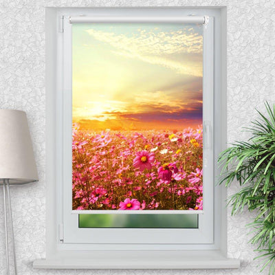 Rollo Motiv Blumenwiese Sonnenuntergang - ohne bohren - Klemmrollo bis 150 cm Breite - Klemmfix mit Fotodruck - blickdicht - La-Melle