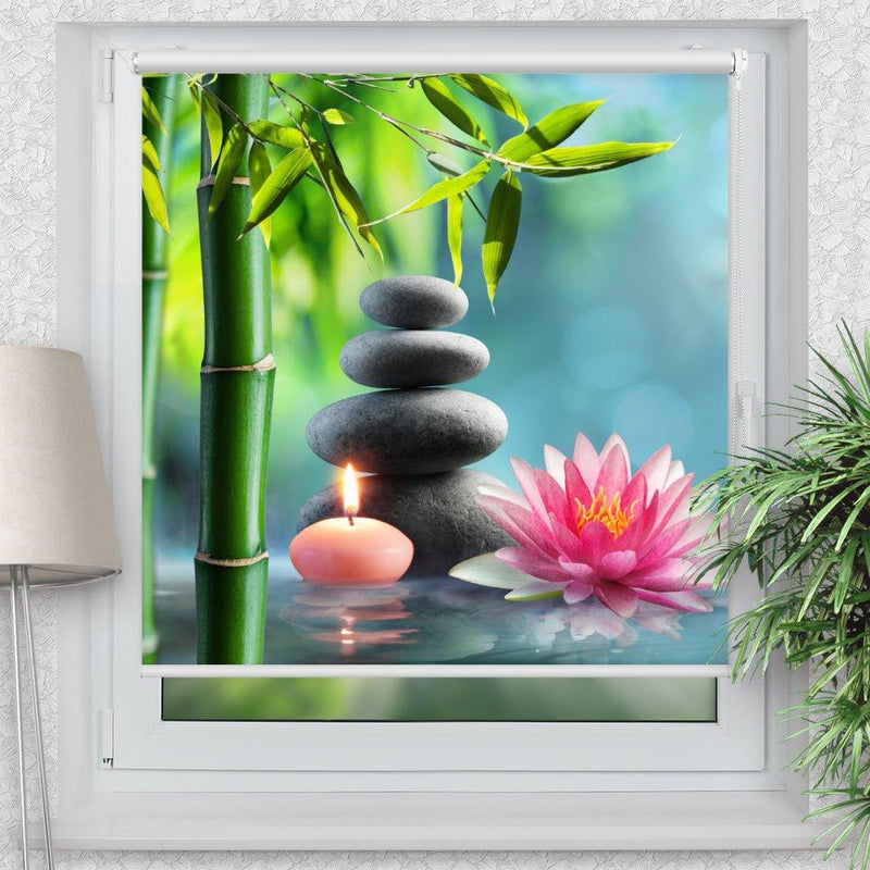 Rollo Motiv "Lotus Bambus Steinturm Kerze" - ohne bohren - Klemmrollo bis 150 cm Breite - Klemmfix mit Fotodruck - blickdicht - La-Melle