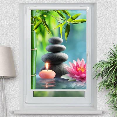 Rollo Motiv Lotus Bambus Steinturm Kerze - ohne bohren - Klemmrollo bis 150 cm Breite - Klemmfix mit Fotodruck - blickdicht - La-Melle