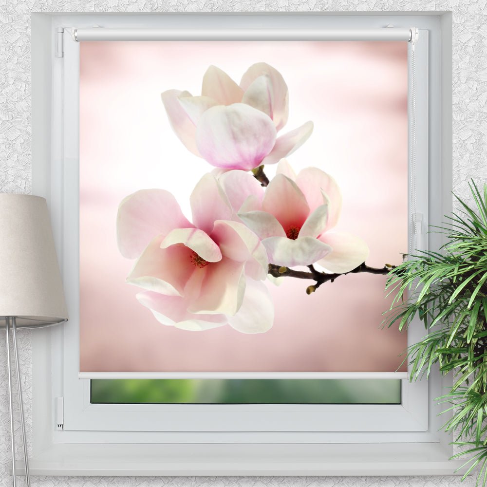 Rollo Motiv "Magnolien rosa weiss" - ohne bohren - Klemmrollo bis 150 cm Breite - Klemmfix mit Fotodruck - blickdicht - La-Melle