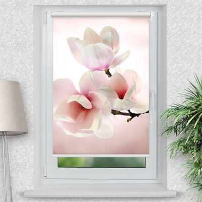 Rollo Motiv Magnolien rosa weiss - ohne bohren - Klemmrollo bis 150 cm Breite - Klemmfix mit Fotodruck - blickdicht - La-Melle