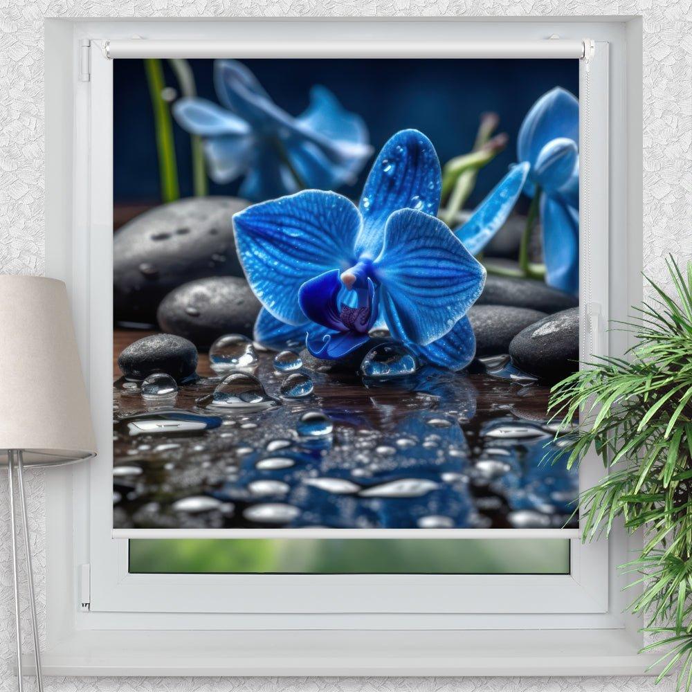 Rollo Motiv "Orchidee Blau Wasser Tropfen Steine" - ohne bohren - Klemmrollo bis 150 cm Breite - Klemmfix mit Fotodruck - blickdicht - La-Melle